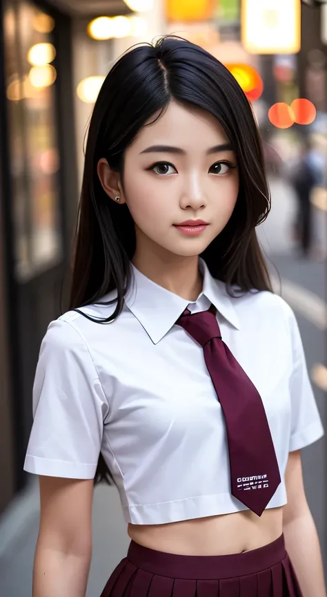 , masterpiece, best quality, 8k, 85mm portrait, absurdres, beautiful girl, (night, upper body:1.5), cute, street, (school unifor...