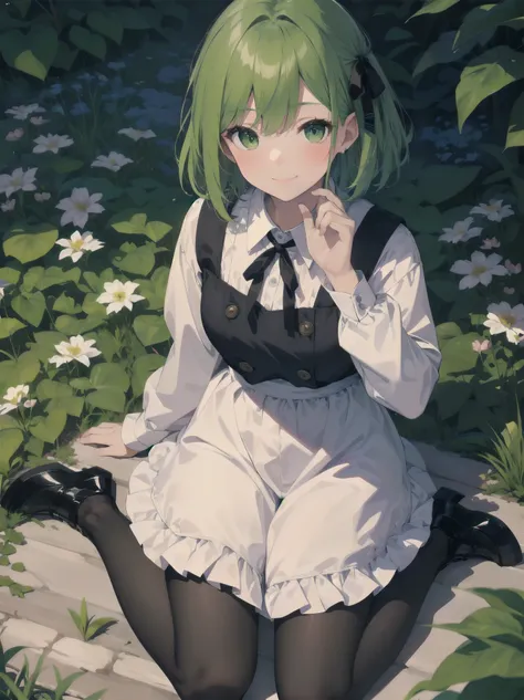 (Illustration: 1.0), Masterpiece, Top Quality,
1 girl, green hair, green eyes, short hair, bangs, 
dress, black shoes, long sleeves, shirt, white shirt, pinafore dress, ribbon, black ribbon, black dress, pantyhose, neck ribbon, shoes,
Countryside, Garden, ...