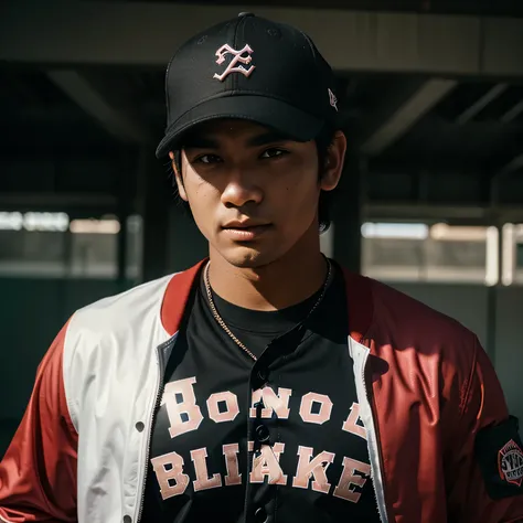 Seorang pria ganteng bertopi baseball berjaket hitam kaos putih