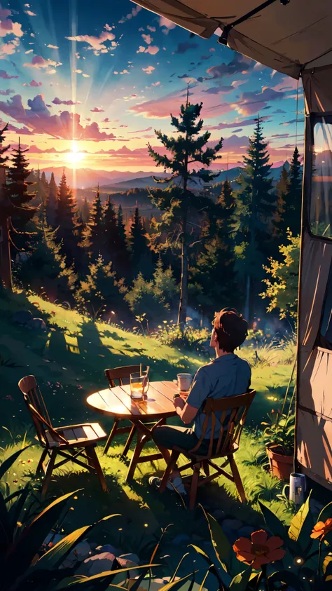 beautiful sunset, lover couples drinking coffee in chair facing the sun, break (masterpiece, best quality:1.2), outdoors, nature...