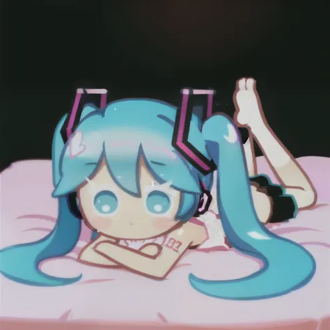 best quality, illustration, 1 hatsune miku, blue eyes, miku clothes, bedroom background, lying on the bed, cook, solo, chibi, full body, very cute sexy pose