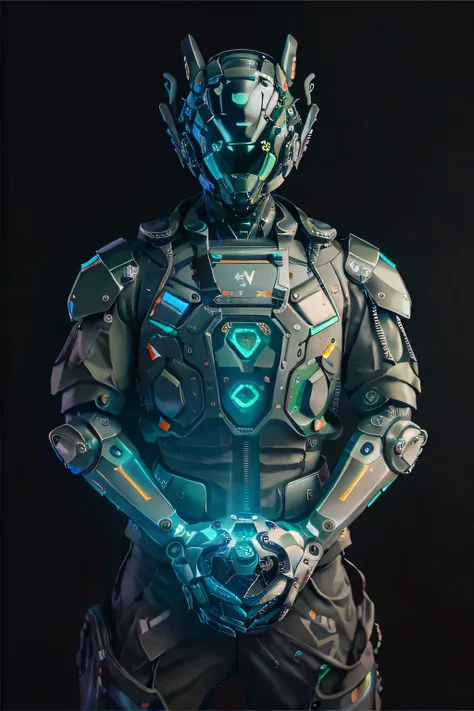 a close up of a mshn robot , futobot, cyborg ,  wearing  cyberhelmet glowing  , a military  techwear jacket,  tactical vest, mshn factory, tubes connected to neck, neon light
photorealistic, masterpiece, best quality, 35mm film, film grains, cyberpunk,
