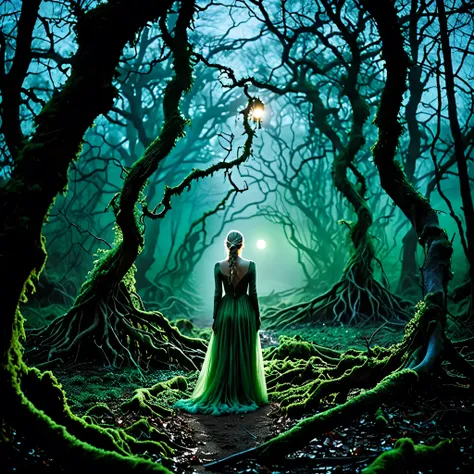 In the ethereal glow of Elsa Bleda-inspired moonlight, the dense forest transforms into a haunting realm of twisted trees and creeping shadows. The trees, reminiscent of gnarled claws reaching out from the earth, cast elongated shadows that dance eerily in...