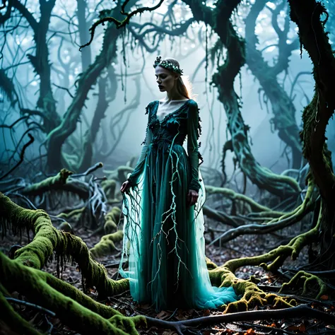 Amidst the oppressive darkness of the poison swamp, Elsa Bledas atmospheric photography sets the stage for a nightmarish journey through the haunted forest. The air is thick with the scent of decay, and the ground squelches ominously with every step. Jovan...