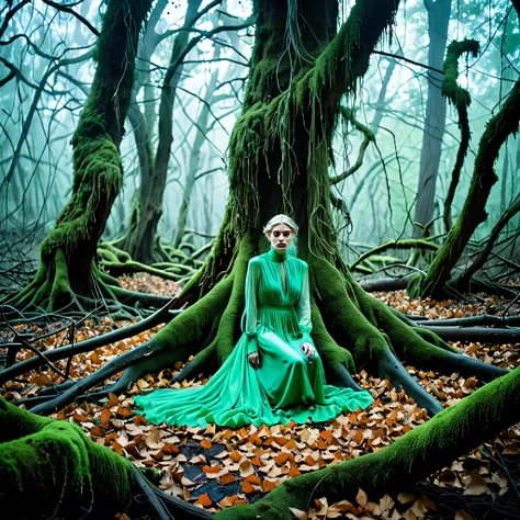 Elsa Bledas signature aether atmosphere casts an eerie pall over the sinister forest, where Jovana Rikalos dreamlike portraits come to life amidst the gnarled branches and tangled undergrowth. The forest floor is littered with decaying leaves and fallen br...