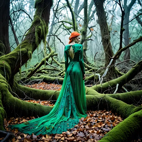 Elsa Bledas signature aether atmosphere casts an eerie pall over the sinister forest, where Jovana Rikalos dreamlike portraits come to life amidst the gnarled branches and tangled undergrowth. The forest floor is littered with decaying leaves and fallen br...