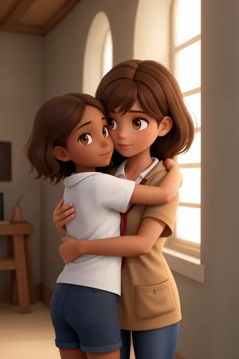 A girl with light brown skin and dark brown hair, hugging Jesus 