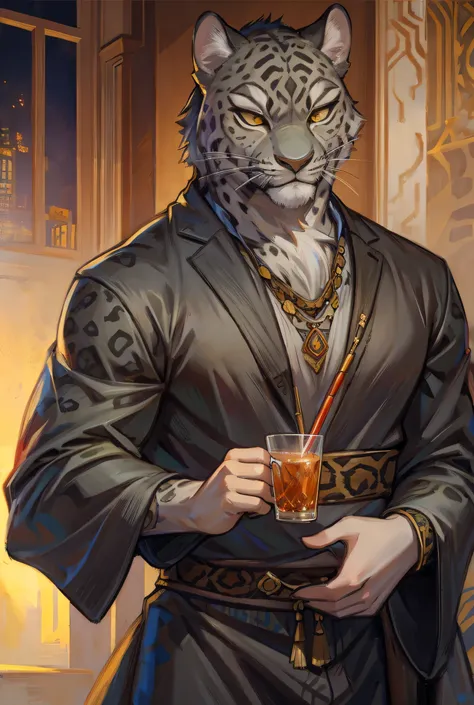 Anthropomorphic gray leopard, Tai Lung, detailed, drink tea, detailed eyes, male, mature