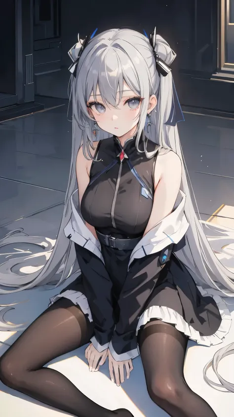 (Masterpiece), best quality, expressive eyes, perfect face, 1 girl, beautiful, gorgeous, anime, girl, lore, ph bronya, 1 girls, solo, earrings, long hair, gray hair, drill hair, gray eyes, pantyhose, w sitting, w sitting on the ground, legs on the ground, ...