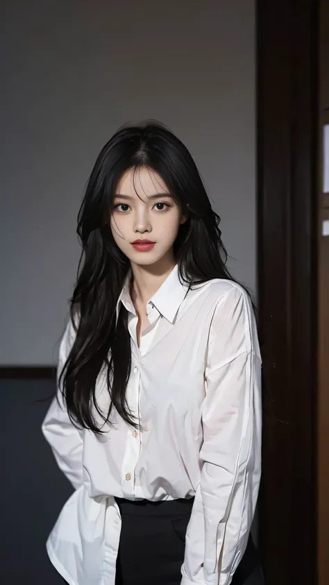 A perfect young female white-collar worker，Chinese，High picture quality，Works of masters，Black hair，Long hair flowing over the shoulders，Blured background，outside, deep shadow, Real Human，CG rendering，16k，Stand up，Empty interior，Do not show your hands，Clos...