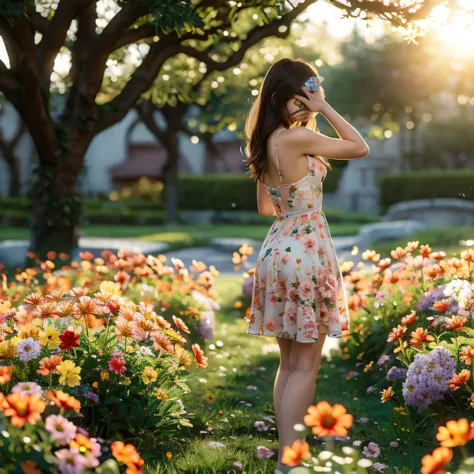 backlighting, from behind, bokeh, fujifilm, uhd, best quality, 8k，alafi woman in a floral dress talking on the phone, dressed in...