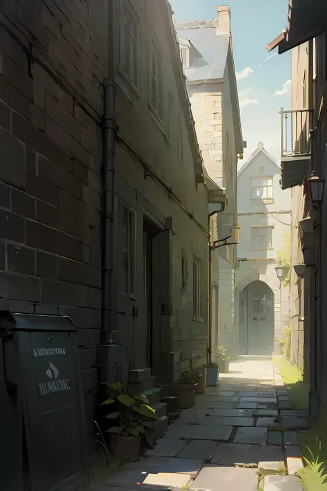 (masterpiece:1.5), (best quality:1.5), alley, (trash bin:1.2 to, (big window), clear sky, english style, stone house, gloomy alley, english style house, (no plants), very gloomy alley, dark alley