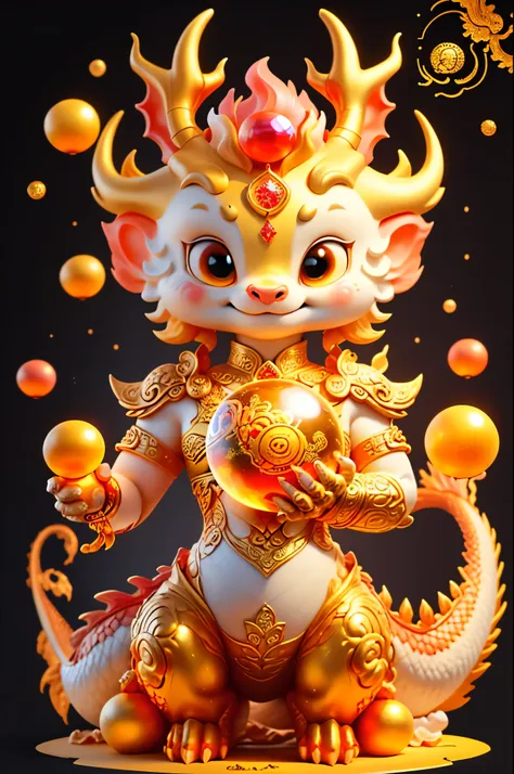 golden asian dragon holding a crystal ball on black background illustration, in the style of kurt wenner, sculpted, detailed cha...