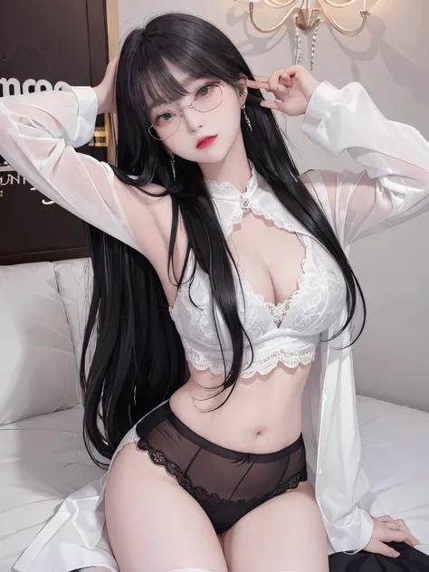 Top image quality、Raw photography、A high resolution、20-year-old cool Korean、big round chest、thin silk jacket、black lace underwear、Beautiful Eyes of Details、very elongated eyes、Beautiful eyelashes、Beautiful double eyelids、eyeshadows,long legs,medium thighs,...