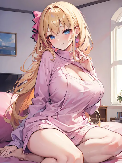 (masterpiece, best quality:1.4), 8k, Blonde gal gyaru Mature big chest Smirking teasing laughing Happy Loud Outgoing anime girl with pink Highlights and Blue Eyes in the Livingroom wearing an Oversized Sweater  (detailed eyes and face, sharp pupils, realis...