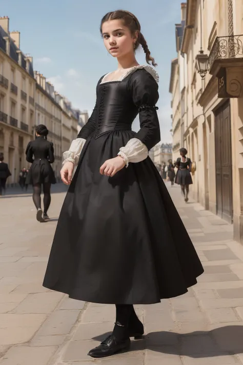 Paris, 1559. A young ((((18-year-old)) Sylvie Palot)), courageous, resilient, determined, walking down the streets, ((((simple clothings from the 1550s)))), ((black hairstyle of the 1550s)), colorful, realistic