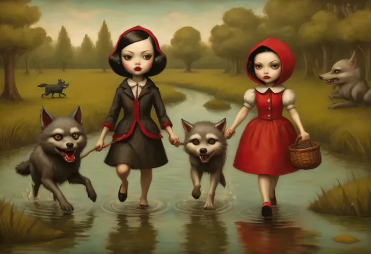 a painting on craft paper in the style of artist mark ryden, a quiet fabulous swamp, a cheerful gray wolf and a cheerful little ...