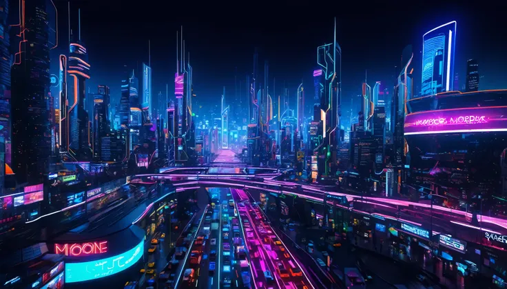 A near-future city shining with colorful digital neon lights. A digital yet realistic metropolitan space. A huge billboard plays commercials. Linear motors connect cities, and floating cars, drones, and AI robots walk the streets.