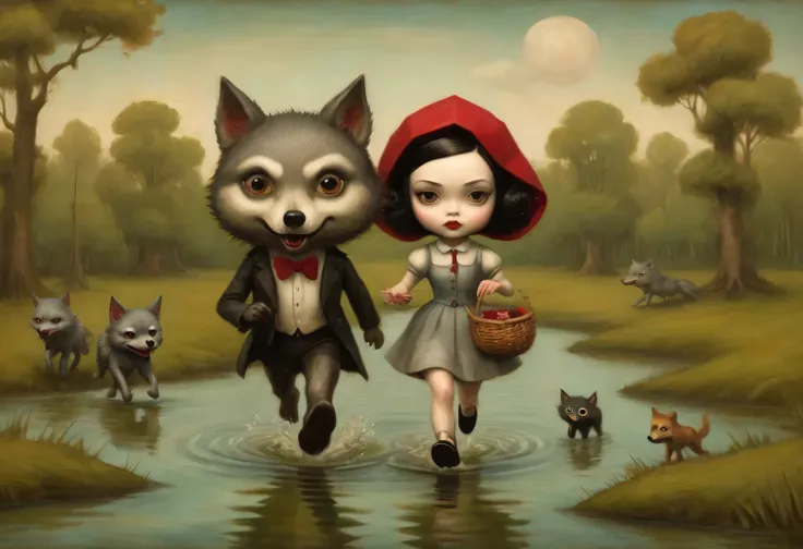 a painting on craft paper in the style of artist mark ryden, a quiet fabulous swamp, a cheerful gray wolf running away from litt...