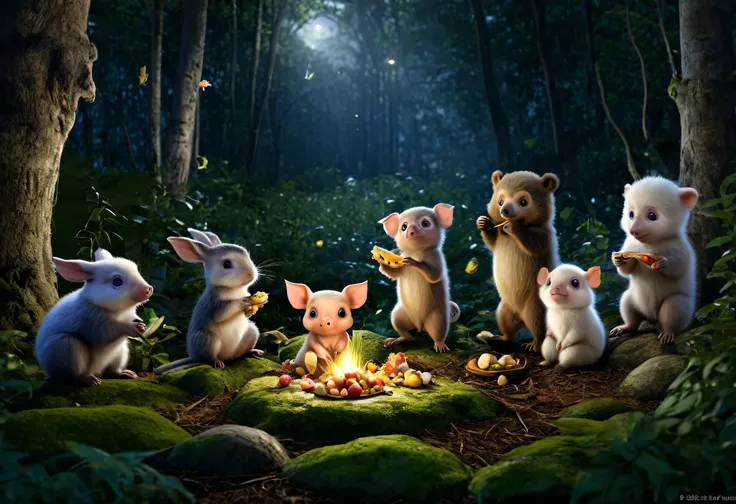 A picture of a group of animals in the evening forest, Fantastic realism, woodland, Living things, Cute baby animals eating。Eating something。Fairytale animals, Full of fauna, Beautifully detailed animals, very cute, Cute Living Things, at night forest, Whi...