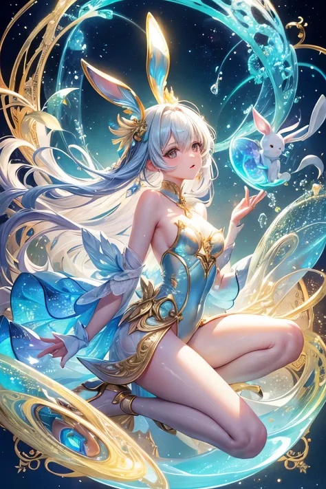 Extremely delicate iridescent bunny made of glass, golden swirls and filigree, iridescent bubbles, ethereal glow, magical holographic glow, hyper detailed glass art.