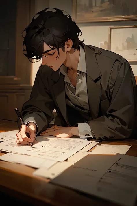 ((best quality)), ((Masterpiece)), (details), perfect face A man writes in a dimly lit room.