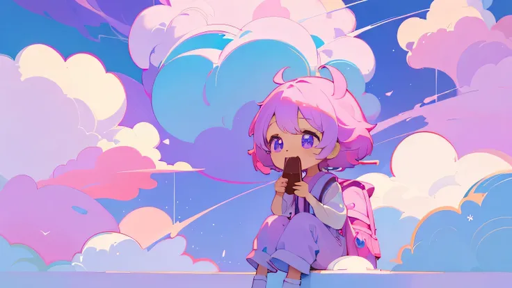 The world of sweets、Cute little guy with big eyes eating chocolate with cotton candy cloud、Light blue, pink, purple and white overall、Japanese anime style