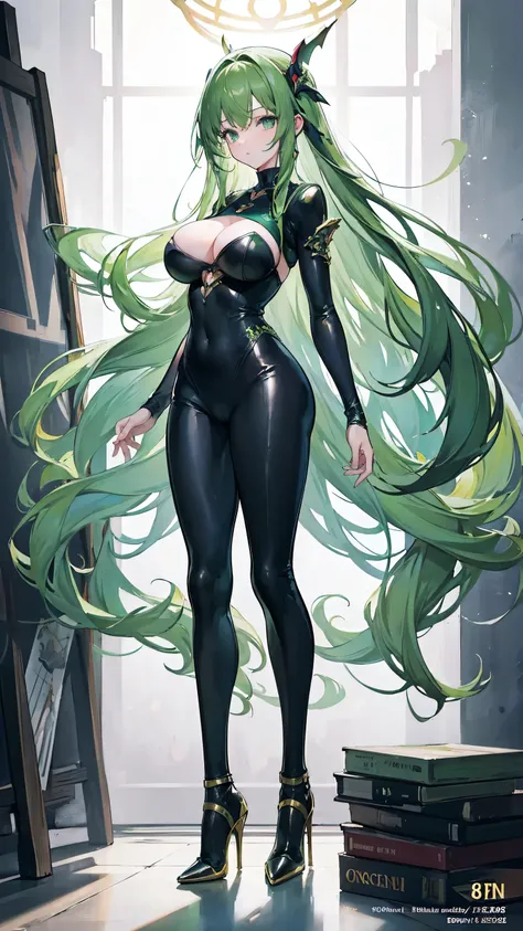 (masterpiece, top quality, best quality, official art, beautiful and aesthetic:1.0), (8k, best quality, masterpiece:1.2), very long hair, full body, (large breasts:1.4), very long hair, high heels, (bodysuit:1.2), green hair, tall girl,