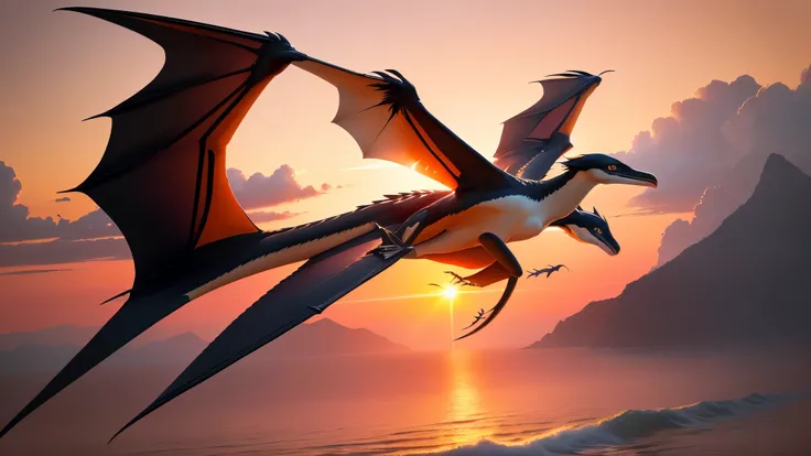 realistic portrayal of a majestic pterosaur in flight, against a vibrant sunset backdrop, with striking details in the wings, elongated neck, and sharp beak. The pterosaurs wings should have a leathery texture, while its body exhibits fine scales. The suns...