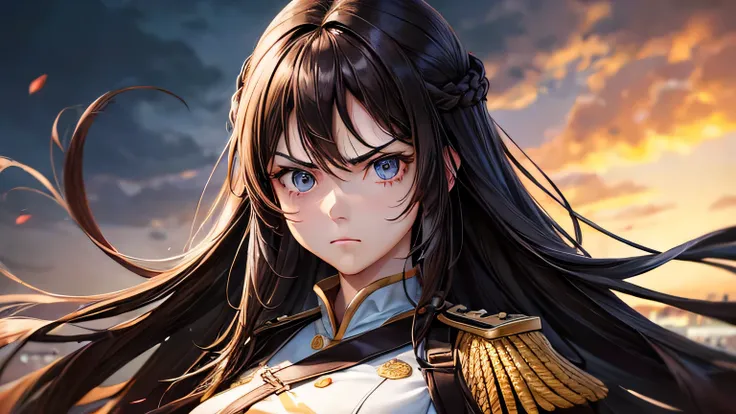 woman、Age 25、Long Hair、Brown Hair、Angry face、uniform、Detailed, high-quality facial expression、Detailed and high-quality eye depiction、Detailed and high-quality costume depiction、