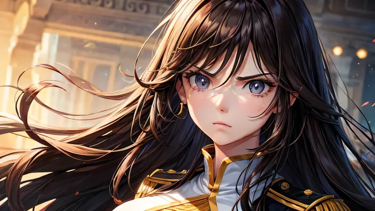 woman、Age 25、Long Hair、Brown Hair、Angry face、uniform、Detailed, high-quality facial expression、Detailed and high-quality eye depiction、Detailed and high-quality costume depiction、