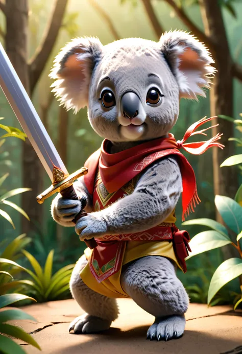 Esbian all over、Cool Koala、Pop Koala、Diorama、Simple Background、bandana、Holding a two-handed sword、Best Quality, Capture the cutest moments, Depth of written boundary, Super detailed, Ultra-high resolution, Octadale, 8K, 16km race