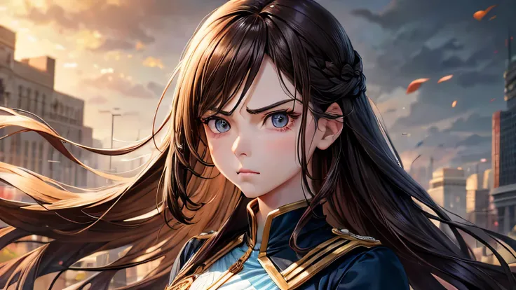 woman、Age 25、Long Hair、Brown Hair、Angry face、uniform、Detailed, high-quality, flawless facial expression、Detailed, high quality and perfect eye depiction、Detailed, high quality and perfect costume depiction、