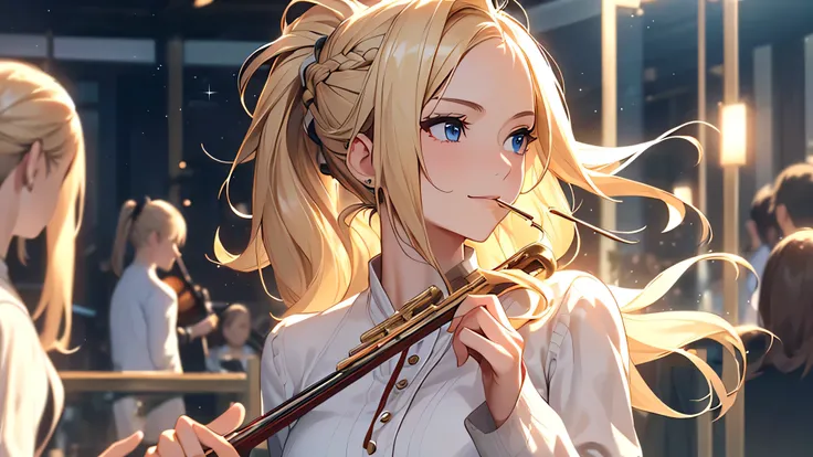 (only one woman), blonde hair, playing flute in orchestra, Ponytail, (best quality，8K，masterpiece:1.3))，Slim beauty:1.3，(Casual hairstyle，1.2)，clothing:1.1，long sleeves ，super delicate face，exquisite eyes，double eyelids，Smile，Home