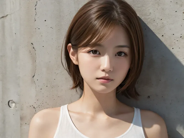 White shirt,Concrete wall with plain background,Light Brown Hair,Realistic skin texture,Slightly rough skin,Cute face,Japanese woman in her 20s,Medium hair over the shoulders