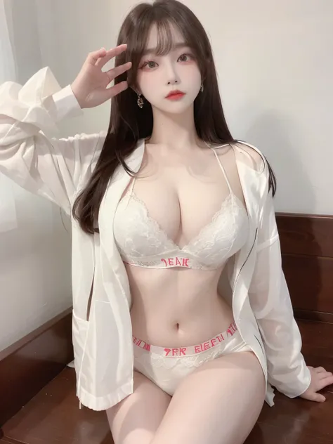 Top image quality、Raw photography、A high resolution、20-year-old cool Korean、big round chest、thin silk jacket、red lace underwear、Beautiful Eyes of Details、very elongated eyes、Beautiful eyelashes、Beautiful double eyelids、eyeshadows、 wearing super tight mini ...