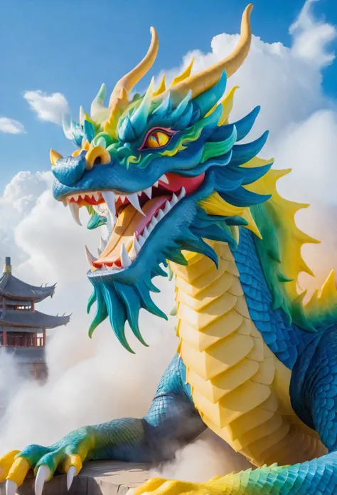 A majestic dragon amidst colorful smoke and dust in the sky, front view, intense gaze fixed on the viewer, close-up.
The dragon, a solo figure, is a masterpiece of detailed character design with glowing yellow eyes.
It’s set against a complex background of...