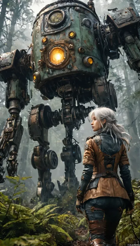 (masterpiece), (anime style), (ultra detailed), (beautiful), (UHD, HDR), (8k), (highres:1.2), (intricate and beautiful:1.2), (dramatic lighting:1.2), a steampunk highly detailed mech, walking with a woman in a misty forest, white hair, detailed clothes, gr...