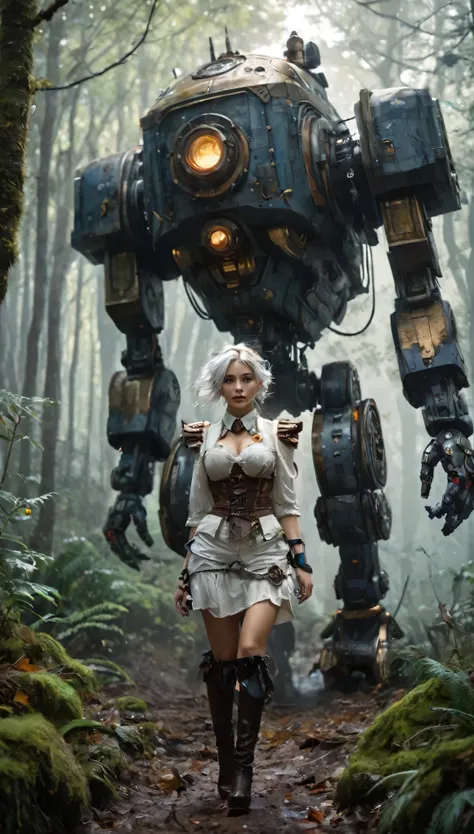 (masterpiece), (anime style), (ultra detailed), (beautiful), (UHD, HDR), (8k), (highres:1.2), (intricate and beautiful:1.2), (dramatic lighting:1.2), a steampunk highly detailed mech, walking with a woman in a misty forest, white hair, detailed clothes, gr...