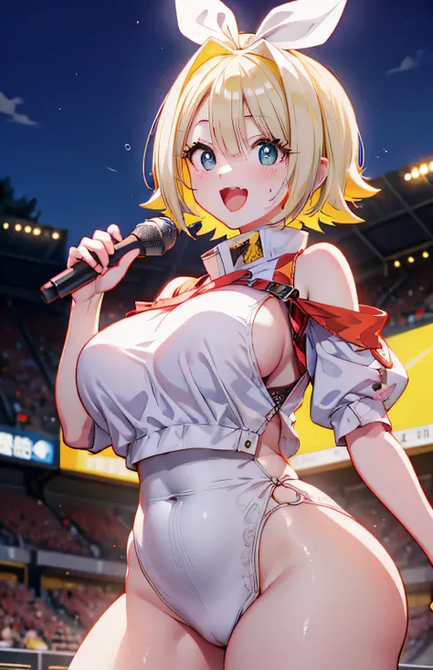 Anime illustration、highest quality、Idol、Kagamine Rin、Sing with a microphone、Night Show、Illuminated by spotlights、Perfect proportions、Live music on the stadium stage、overwhelmingly big breasts、Beautiful, shining eyes、Cowboy Shot、smile、Excessive sweating、Noi...