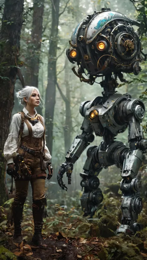 (masterpiece), (anime style), (ultra detailed), (beautiful), (UHD, HDR), (8k), (highres:1.2), (intricate and beautiful:1.2), (dramatic lighting:1.2), a steampunk highly detailed mech, walking with a woman in a misty forest, white hair, detailed clothes, gr...