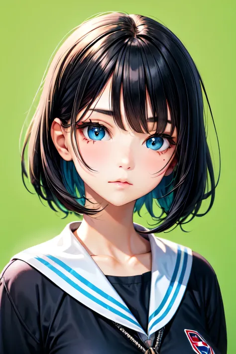 Girl eye blue black hair  straight face background green 
