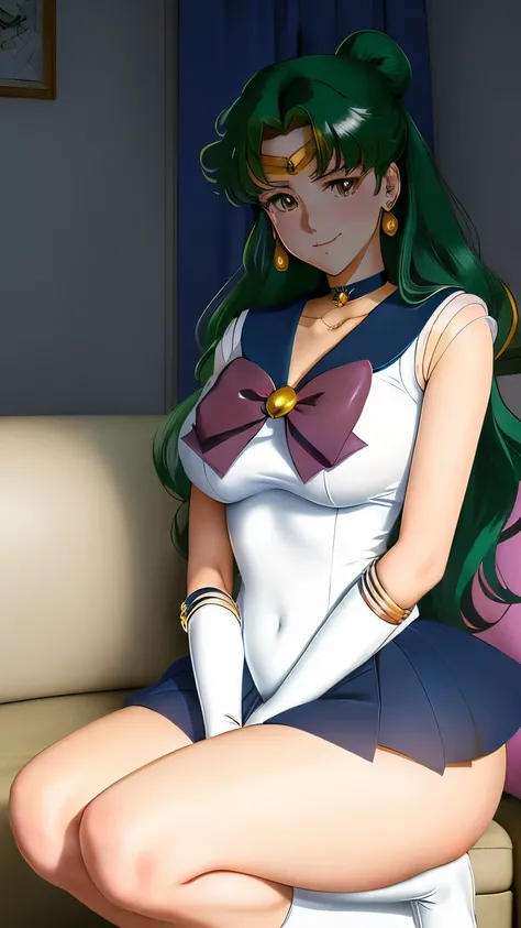 A sailor in a sailor suit sitting on a sofa, Sailor Moon, Enchanting anime girl, Teasing Smile, Gentle smile, but、Her stern look, beautiful anime girl squatting, Sailor Moon!!!!!!!!, Sailor Jupiter. beautiful, Marin Kitagawa Fanart, High quality fan art, c...