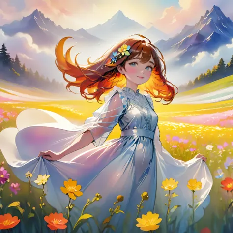 (masterpiece, highest quality:1.2), one girl, dynamic angle, clouds and mountains, (flower field:1.4) in the foreground, white d...