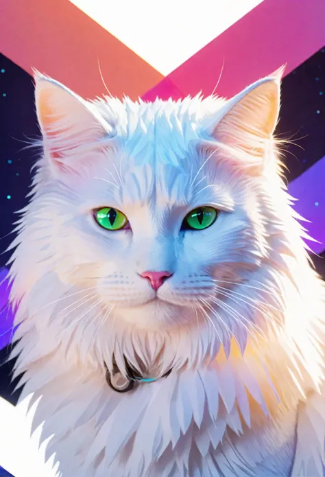 Create a low-poly 2D graphic in the style of the game Hyper Light Drifter. The main subject is a laPerm cat, depicted with intricate detail and vibrant colors. The image should be designed as an 8K wallpaper, featuring a dynamic composition that captures t...