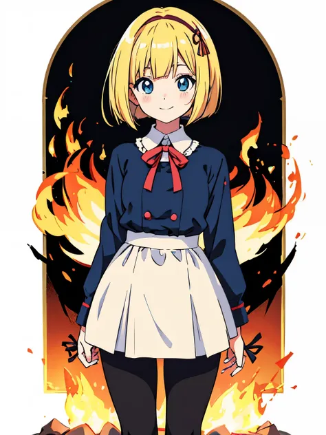 kawaii anime girl standing and smiling in front of fire with blonde bob hair and a hair ribbon in anime