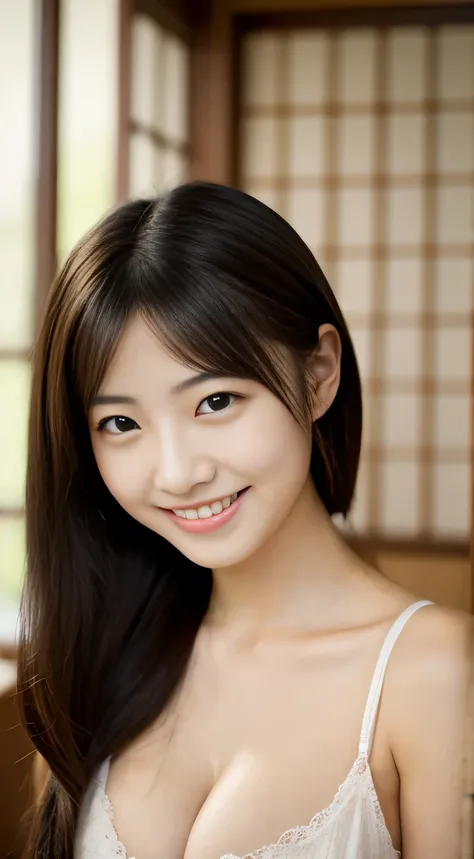 masterpiece,best quality,(Japanese ),((Beautiful girl)),cleavage,indoor,(perfect body beauty:1.2),(shy smile),beautiful teeth,