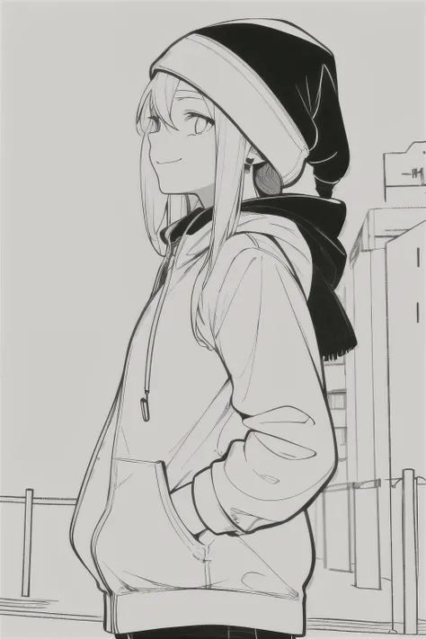 The best masterpiece,1 girl,alone,Incredibly nonsense.,hat,earphones, road,outdoor,neon light, smile softly, Head covering raised, hands in pocket, Facing straight, from the side, line art, Black & White, 