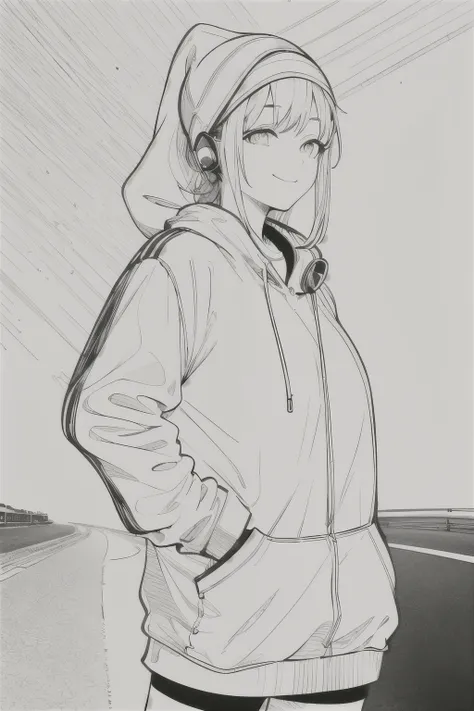 The best masterpiece,1 girl,alone,Incredibly nonsense.,hat,earphones, road,outdoor,neon light, smile softly, Head covering raised, hands in pocket, Facing straight, from the side, line art, Black & White, 