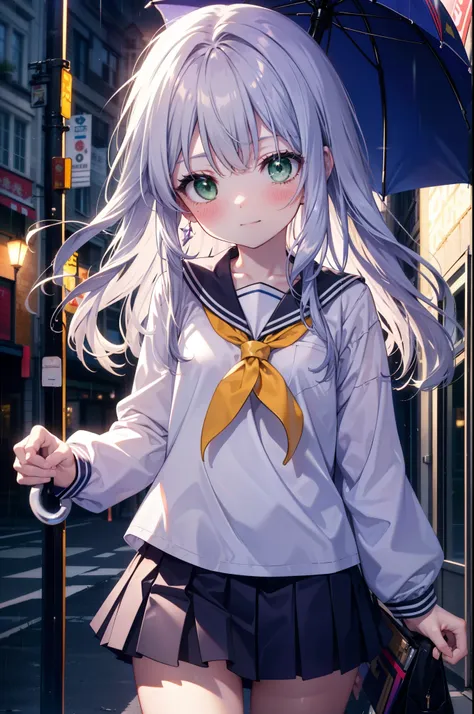 index, index, (Green Eyes:1.5), Silver Hair, Long Hair, (Flat Chest:1.2),smile,blush,Embarrassing,Upper Eyes, uniform(Purple sailor suit),Purple pleated skirt,White tights,Brown Loafers,rain,cloudy,彼女は透明なumbrellaを持ち,umbrella,umbrellaのグリップを両手で掴んで持っている,eveni...